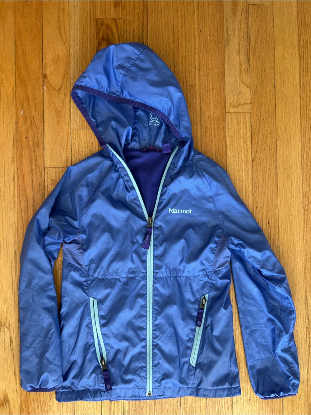 Marmot Girls' Hooded Light Blue Rain Jacket with Aqua Zippers